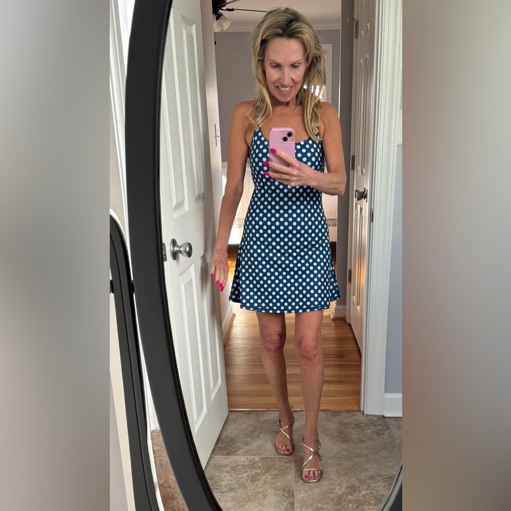 HALARA Blue and White Polka Dot Mini Dress with built in shorts